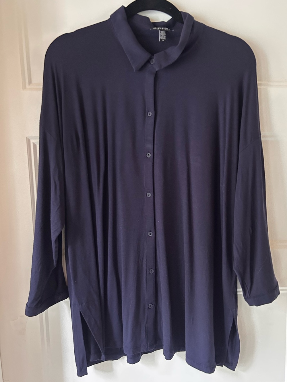 Eileen Fisher L Navy Blue Oversized Viscose Stretch Button Down Tunic Shirt